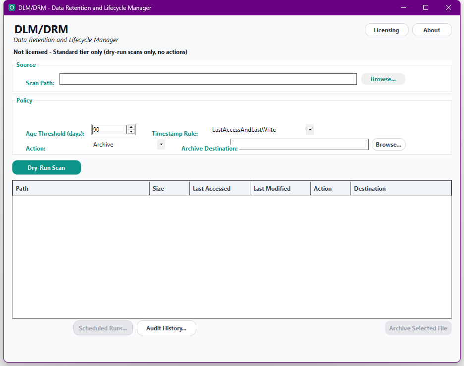 DLM/DRM main window showing the scan path selector, a retention policy configuration panel, and a results grid with proposed archive/delete actions