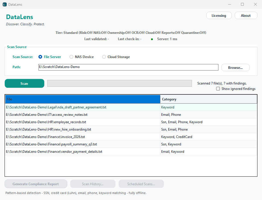 DataLens main window showing the scan source selector, tier status, and results grid with detected findings