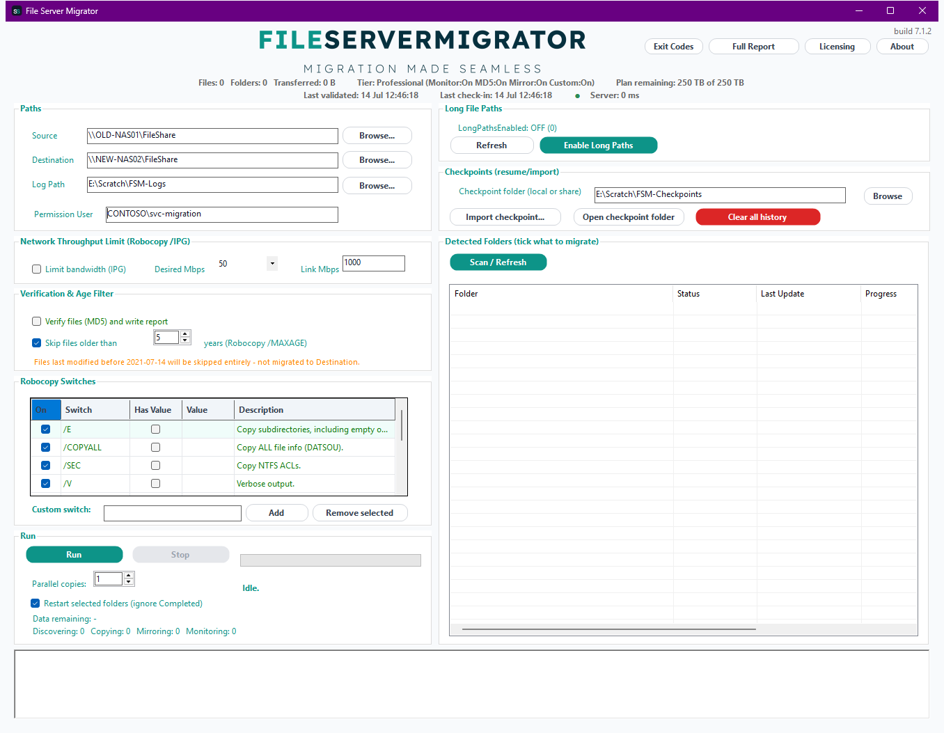 FileServerMigrator main window showing source/destination paths, robocopy switches, the folder migration grid, and live license/server health status