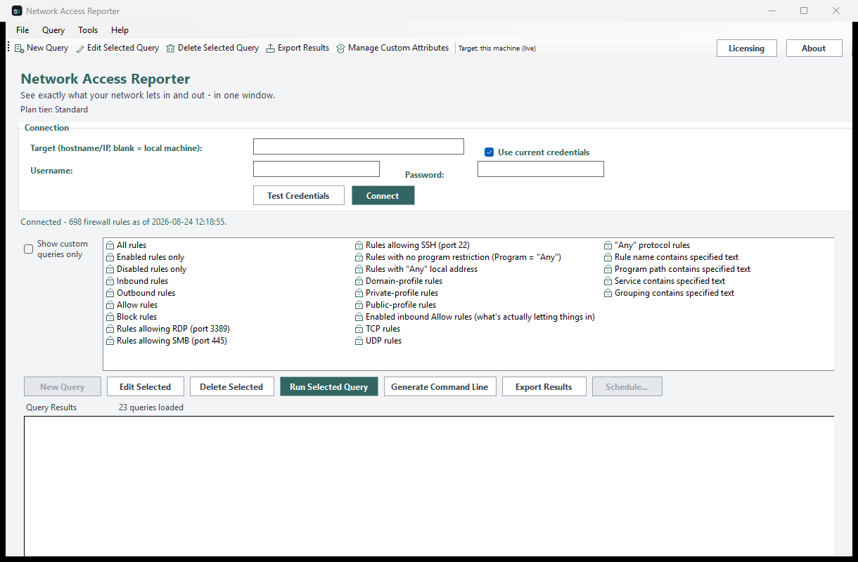 Network Access Reporter showing the unified query list with the 'All rules' query selected, connected live to this machine's real Windows Firewall rule set