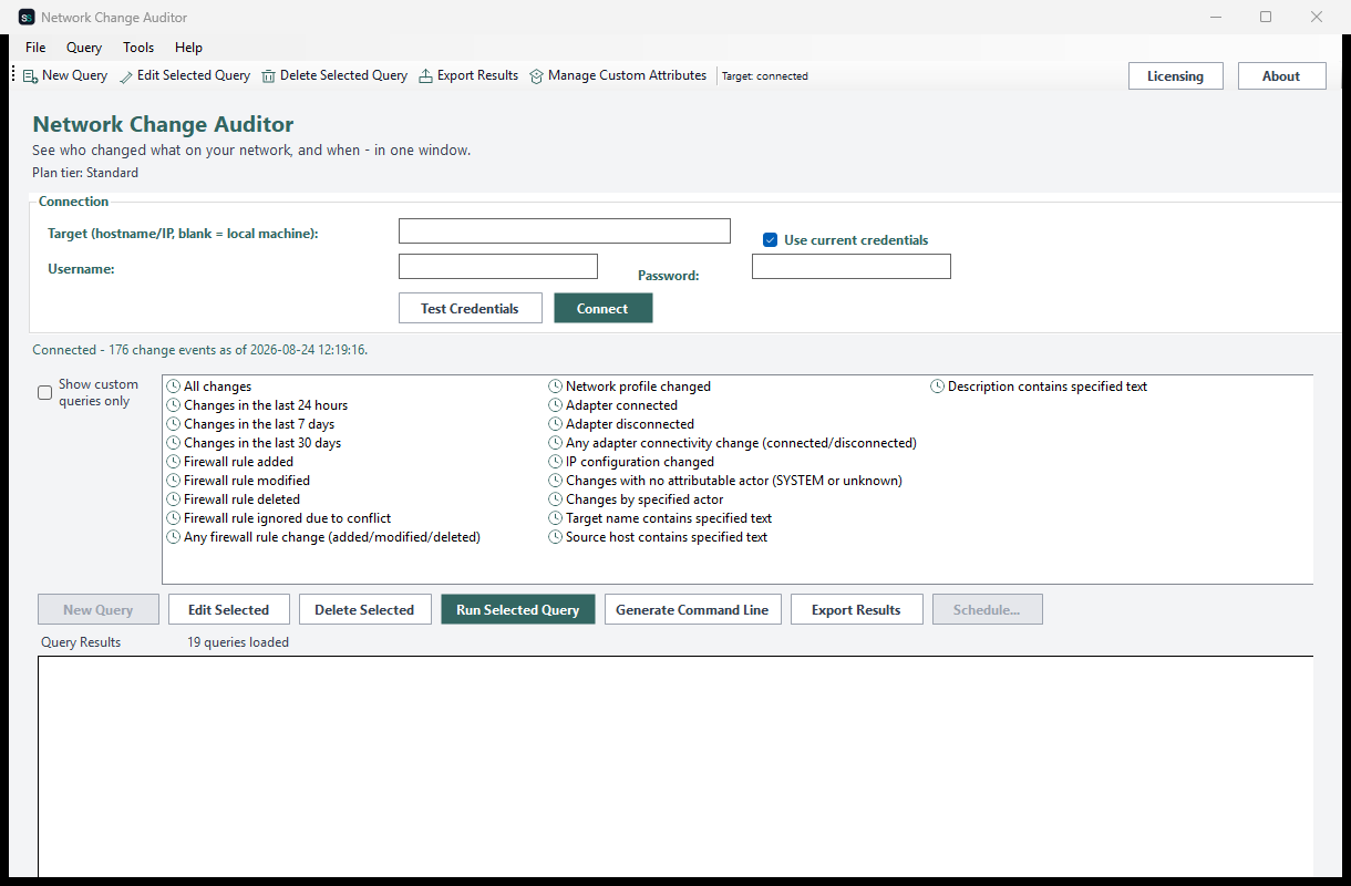 Network Change Auditor showing the unified query list, connected live to this machine's real Windows Firewall and System event logs with 176 change events found