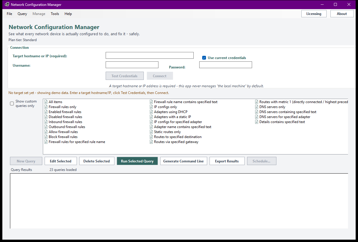 Network Configuration Manager showing the required Target field, the Manage menu, and the unified query list covering firewall rules, IP configs, routes, and DNS servers