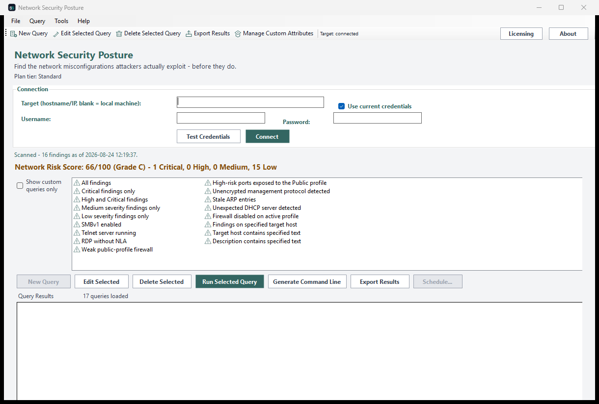 Network Security Posture showing a real scan of this machine: Network Risk Score 66/100 (Grade C), 16 findings, 1 Critical and 15 Low