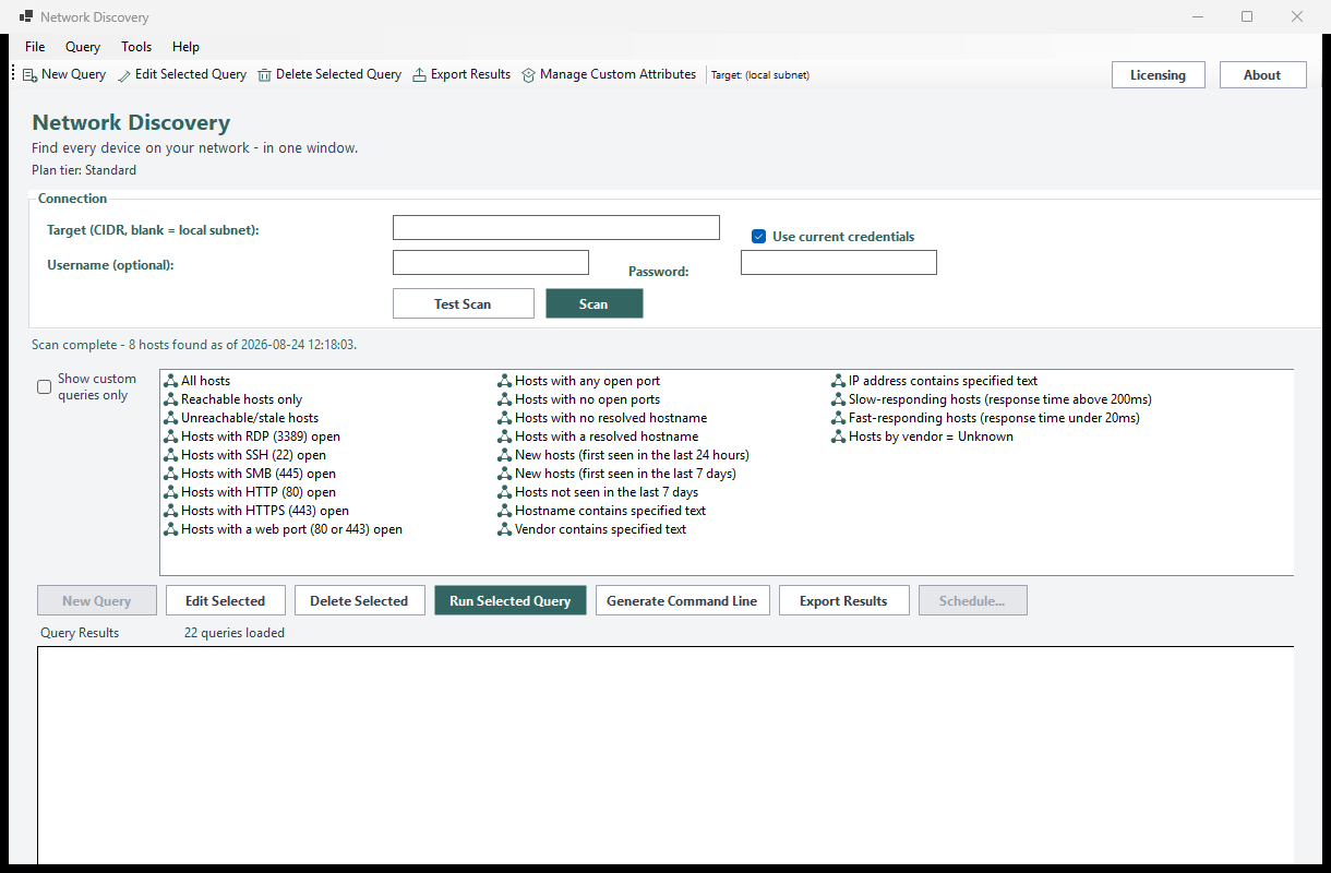 Network Discovery showing the unified query list with the 'All hosts' query selected and its results grid populated with discovered network hosts