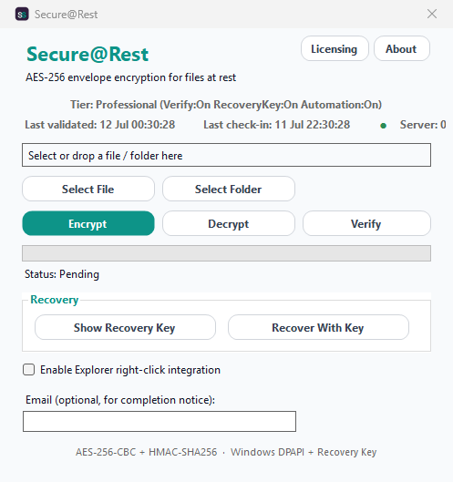 Secure@Rest main window showing the file/folder selector, Encrypt/Decrypt/Verify actions, recovery key tools, and Explorer integration toggle