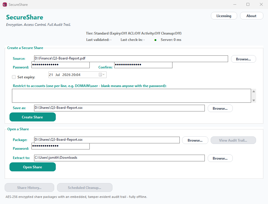 SecureShare main window showing the Create a Secure Share and Open a Share panels, with tier and license status at the top