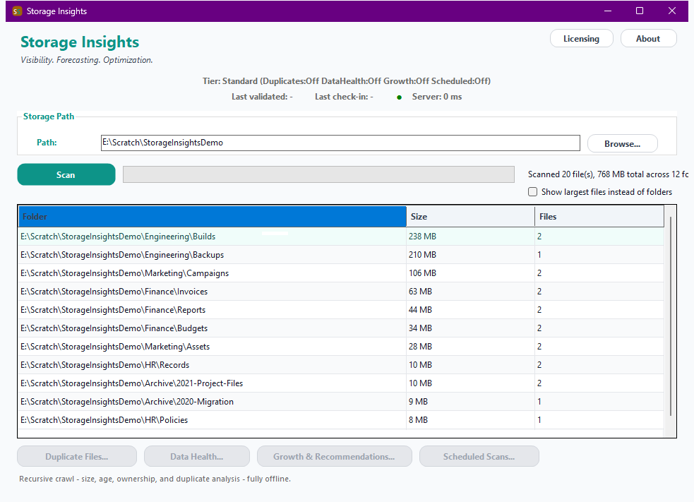 Storage Insights main window showing the storage path selector, tier status, and a folder rollup grid with sizes and file counts