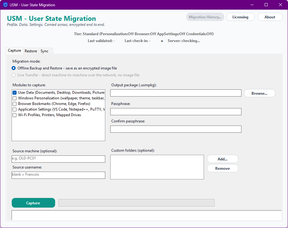 USM main window showing the capture mode selector, module checklist, and tier status